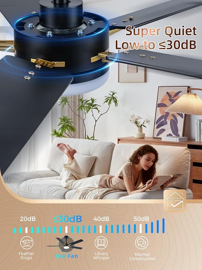 LANMEL 52 Inch Ceiling Fans with Lights, App&Remote Control, Low Profile Modern Ceiling Fan, 6 Speed, Reversible, 3000k-6500k Dimmable LED, Quiet DC Motor for Indoor Outdoor Use, Gold Black