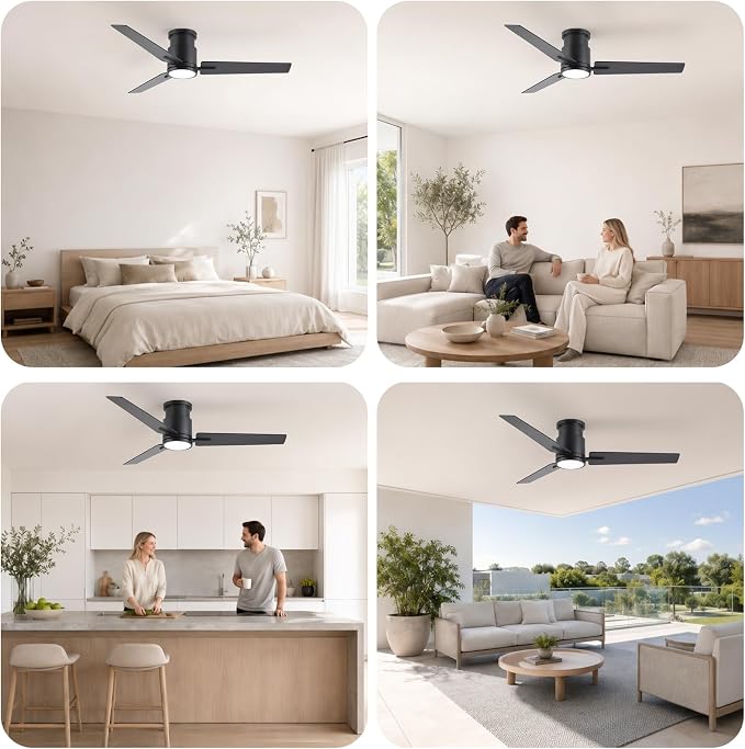 CJOY Ceiling Fan with Lights, 48 Inch Low Profile Ceiling Fans with Light and Remote, Reversible DC, Flush Mount, 3CCT，Dimmable, Modern Indoor/Outdoor Design for Bedroom, Living Room, Patio, Kitchen