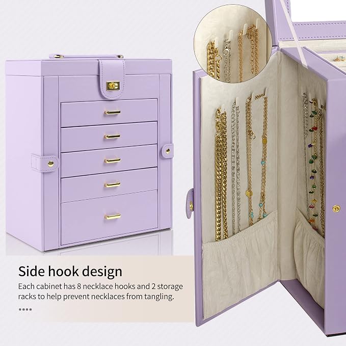 AKOZLIN 6-Tier Jewelry Box Organizer Functional 5 Drawers Leather Jewelry Storage Case for Women Girls Ring Necklace Earring Bracelet Holder Organizer with Mirror Violet Large