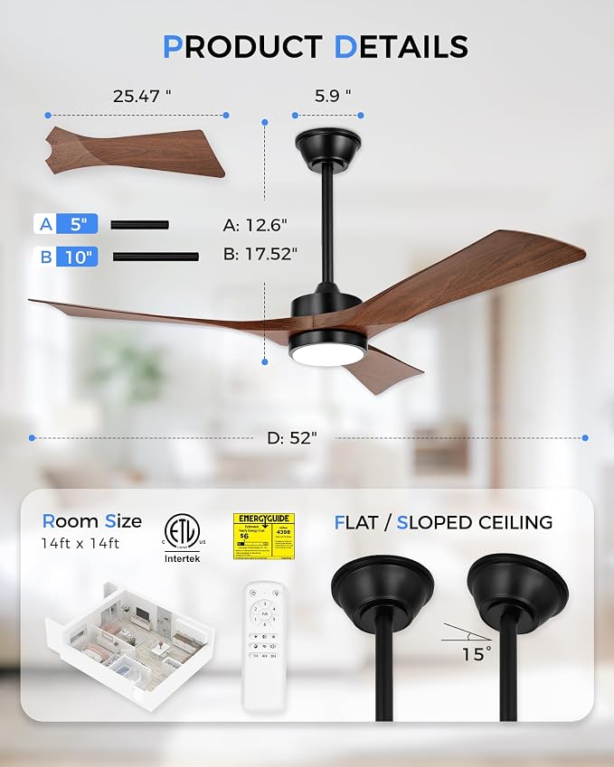 52" Ceiling Fan with Light & Remote, Walnut, ZCCF08WD-52 | Wood-grain ABS blades, remote, 6 speeds, 3CCT dimmable LED and quiet reversible DC motor for living rooms and covered patios