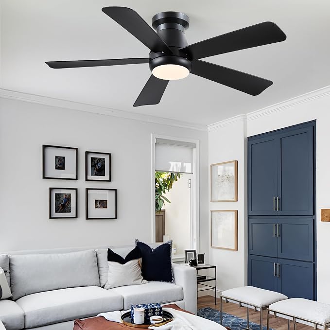 Hounberi 46 Inch Modern Low Profile Ceiling Fan with Light and Remote Control, Quiet 3CCT Dimmable LED Flush Mount Fan for Bedroom Living Room, 5 ABS Blades Reversible Motor, Black