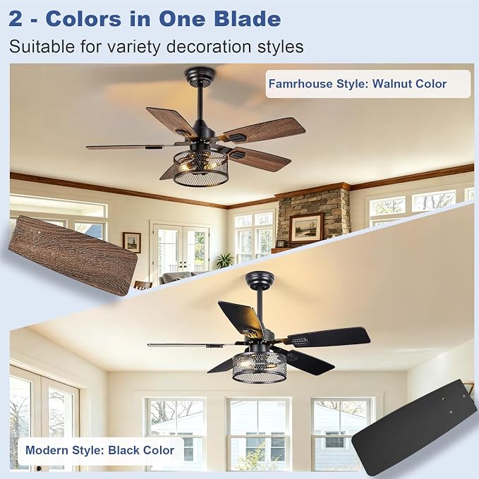 Depuley 42-Inch Ceiling Fans with Lights: Caged Ceiling Fans Dual Finish 5 Blades - Farmhouse Ceiling Fan with Remote Control for Rustic Living Room Outdoor Patio Reversible (Black Walnut)