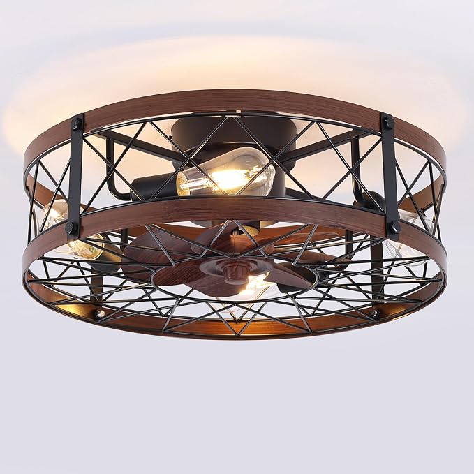REDSTAR Flush Mount Caged Ceiling Fan with Lights, 20" Small Bladeless Ceiling Fans with Remote, Rustic Low Profile Ceiling Fans Quiet Reversible Enclosed Farmhouse Ceiling Fan for Bedroom Kitchen