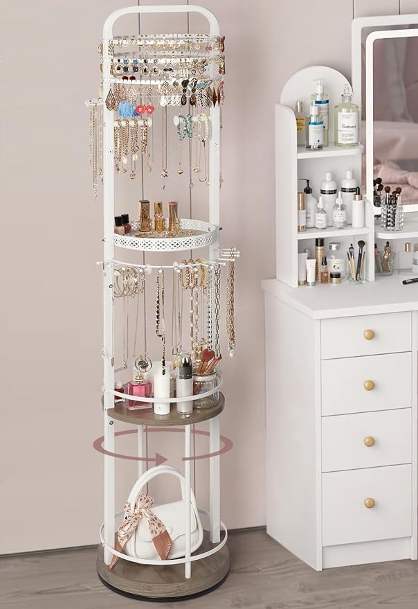 Jewelry Holder Organizer, Floor Jewelry Organizer with Earring Organizer Necklace Holder, Rotating Jewelry Stand Necklace Display Earring Storage, Large Hanging Jewelry Tree for Jewlery Bracelet Ring