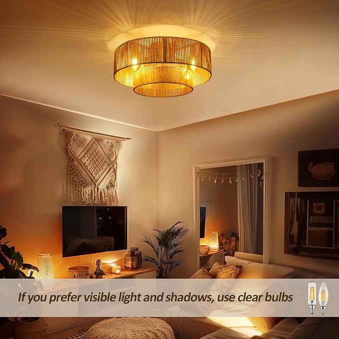 20 Inch Boho Caged Ceiling Fans with Lights Flush Mount, Boho Rattan Fandelier Ceiling Fan with Light Remote Control with Reversible 6 Speeds for Bedroom, Nursery, Living Room, E12 Base,Indoor