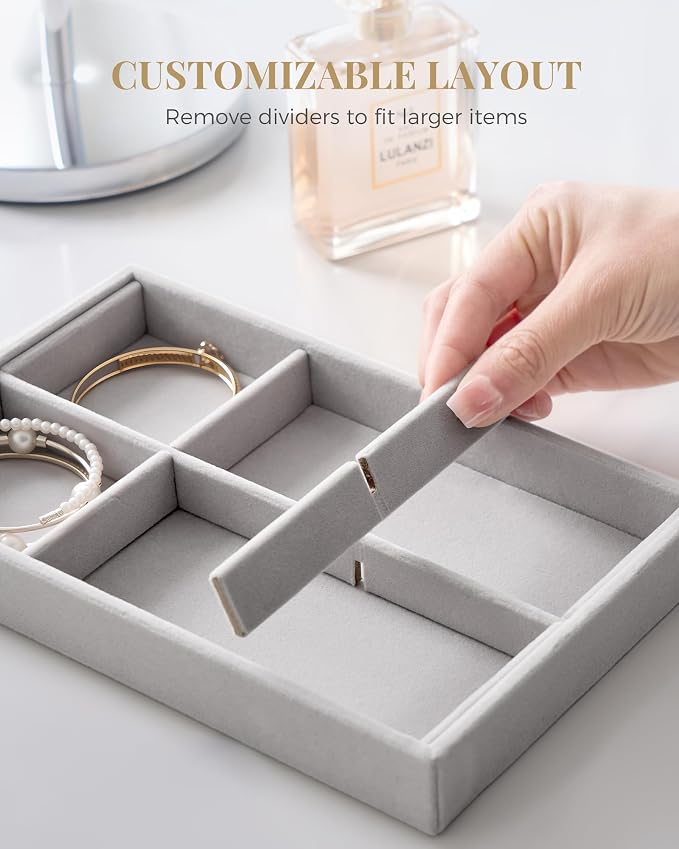 Lolalet Jewelry Drawer Organizer Inserts, Stackable Velvet Tray Jewelry Storage Organizers Set Display Cases for Necklaces Bracelets Earrings Rings Chains Bangles Watches, Grey, Set of 4
