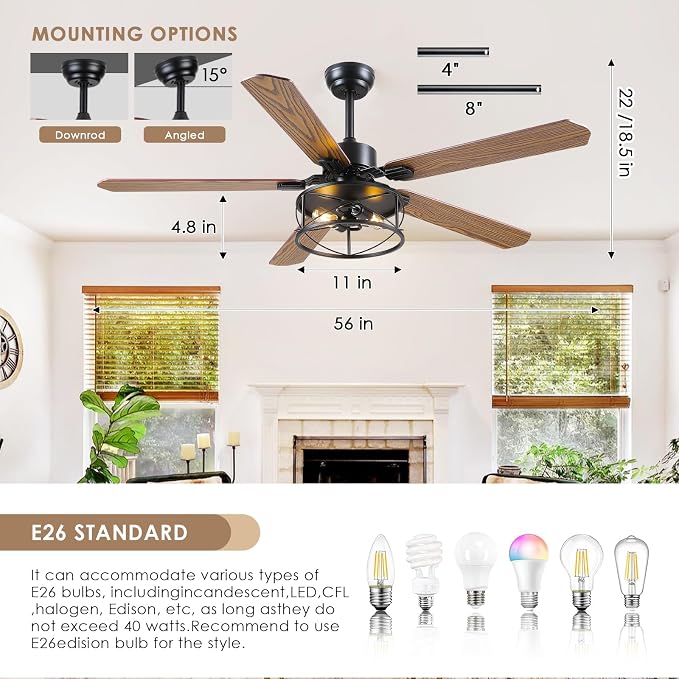 Hounberi 56" Rustic Farmhouse Ceiling Fan with Light and Remote | 5 Dual Finish Blades, 6 Speeds, Reversible DC Motor, Caged Rustic Ceiling Fan for Dining Room, Living Room, Bedroom, Porch