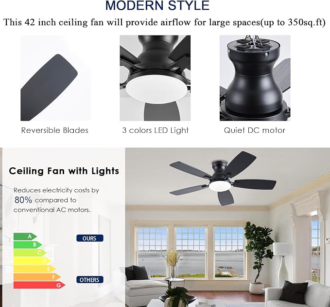 JSAITEE Ceiling Fans with Lights, 42 Inch Low Profile Ceiling Fan with Light and Remote Control, Flush Mount, DC Reversible Motor, Noiseless, Black 6 Speeds Ceiling Fan for Bedroom