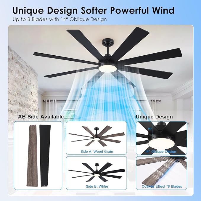 BayDay Farmhouse Rustic Ceiling Fans with Lights and Remote, Bedroom Living Room Kitchen Fans Ceiling with Light Chandier (Black, 72 inch)