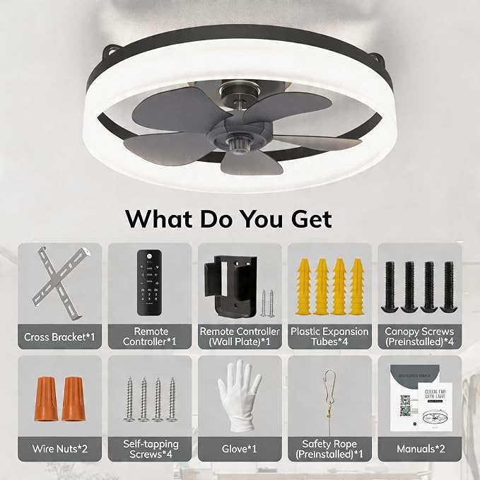 Ceiling Fans with Lights and Remote, 19.7" Dimmable LED, Black | Low Profile Ceiling Fan with Light, 6-Speed Reversible DC Motor, 3000K-6000K Fandelier for Bedroom, Living Room