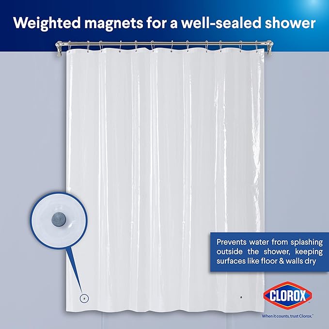 Clorox Shower Curtain Liner, Premium Lightweight Flexible Waterproof 3g PEVA for Bathroom with Weighted Magnets, Standard Size 70" x 72", Clear 1 Pack