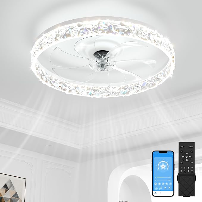 VOLISUN Low Profile Ceiling Fan with Lights and Remote, No Assembly, 20in Modern Ceiling Fans Flush Mount, 3000K-6500K Dimmable Bladeless LED Fan Light, White Fandelier Ceiling Fans for Bedroom