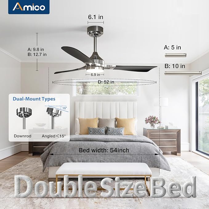 Amico 52 Inch Ceiling Fan with Lights, Modern Nickel 3-Blade Ceiling Fan with Remote Control, Dimmable LED, 3CCT, Quiet Reversible Motor, Indoor/Outdoor for Patio, Living Room, Bedroom, Kitchen