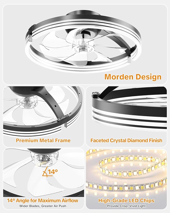 Ceiling Fans with Lights and Remote, Low Profile Ceiling Fan, Morden Flush Mount LED Fan Light, 3000K-6500K Dimmable for Bedroom, Kitchen, Living Room, Striped, Black