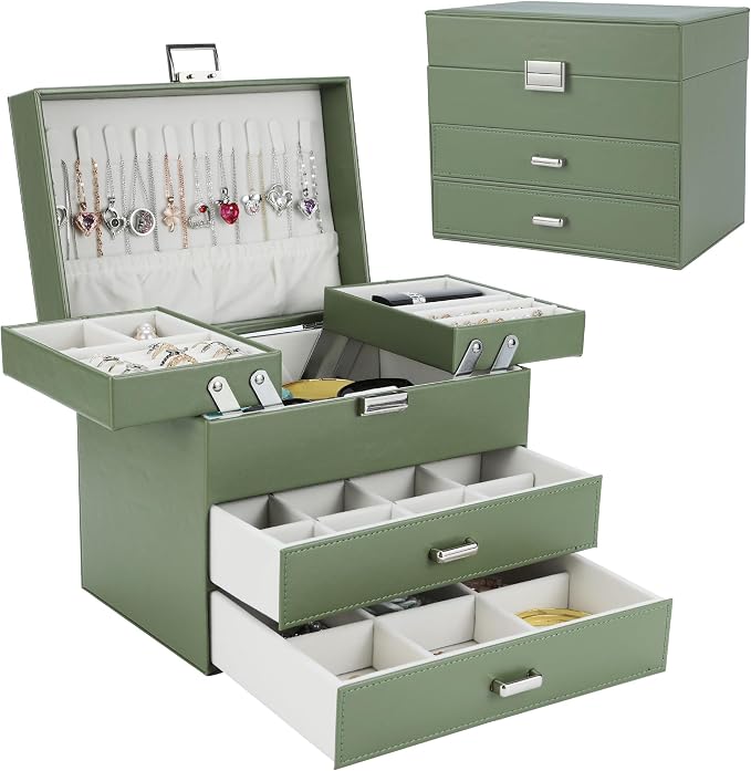 Dajasan Jewelry Organizer Box, Large Jewelry Boxes for Women Girls, Space-Saving 4 Layers Jewelry Storage Case with Drawer, Movable Metal Stand, Modern, Gift Idea (Green)
