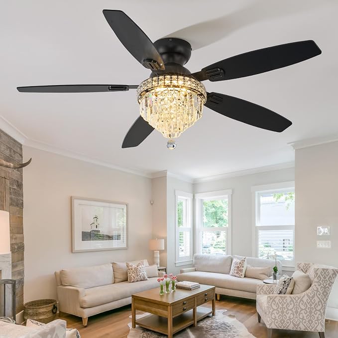 Crystal Ceiling Fan Fandelier with Lights-Ceiling Fans with Lights,54" Low Profile and Remote Control, Flush Mount, Reversible, Dimmable, Noiseless, Black Ceiling Fan for Bedroom