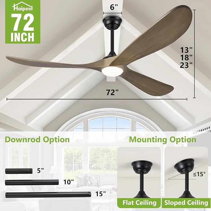 Haipeel 72 Inch Ceiling Fans with Lights, Wood Outdoor Ceiling Fan for Patio and Remote Control Rustic Propeller Large Ceiling Fans with Light Farmhouse Indoor Quiet High cfm, Bronze Gray