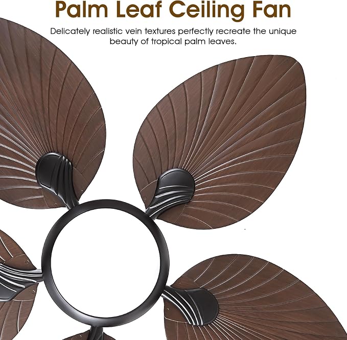 Wiviniya Tropical Ceiling Fans with Lights, 44 Inch Palm Leaf Outdoor Ceiling Fan with Light for Patios Porch Bedroom, Remote/APP Control, Reversible Quiet DC Motor, Dimmable LED, Dark Brown
