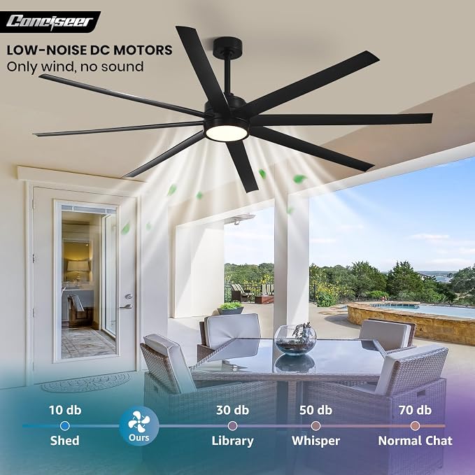 Conciseer Modern Ceiling Fans with Lights, 84 Inch Ceiling Fan with Light and Remote,Living Room Library Cafe Outdoor/Industrial, 3CCT 8 Blades 6 Speed Reversible Quiet DC Motor, Black/A