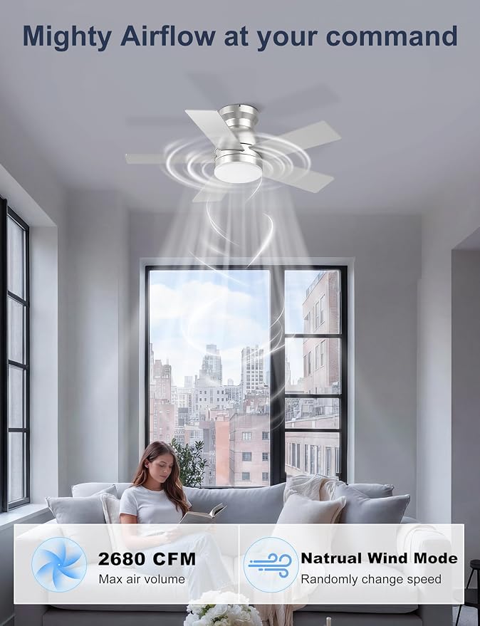 32'' Silver Low Profile Ceiling Fan with Light for Hallway, Closet | Quiet DC Motor, Flush Mount, 3CCT Dimmable, Modern Small Room Ceiling Fan with App/Remote Control