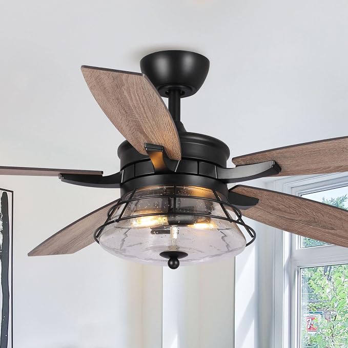 52 Inch Farmhouse Ceiling Fans with Lights and Remote Control - 3-Speed Reversible Motor, Retro Style Indoor/Outdoor Ceiling Fan with 5 Blades for Home Living Room Bedroom