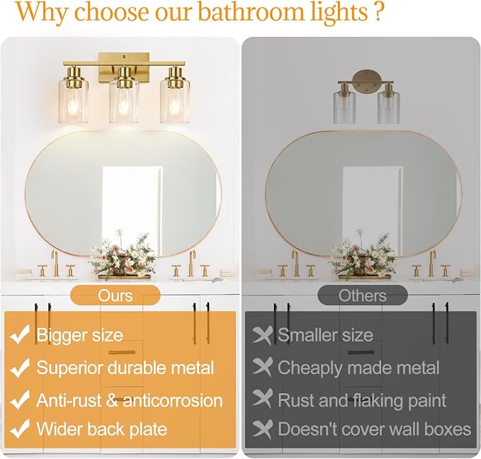 Indoi 3-Light Bathroom Light Fixtures, Brushed Gold Modern Vanity Lights with Clear Glass Shades, Bathroom Wall Lamp for Mirror Living Room Cabinet Bedroom Porch