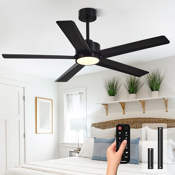 Conciseer Modern Ceiling Fans with Lights,52 Inch Ceiling Fans with Remote for Bedroom Living Room Kitchen, 18W 6CCT Dimmable，5 Blades 6 Speed Reversible Quiet DC Motor Black