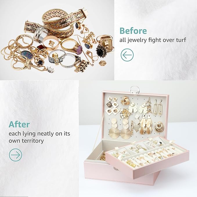 BOOVO Large Jewelry Boxes For Women (Rose Gold, 4 layer) | 4 Layers Jewelry Organizer Box With Cosmetic Storage Drawer, Necklace Ring Jewelry Organizer Box