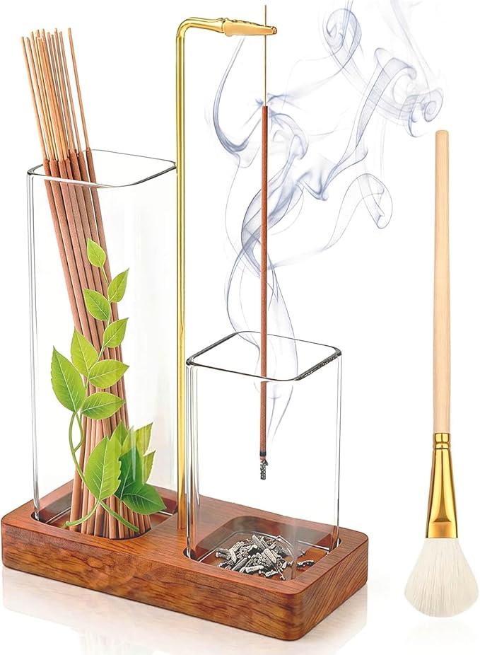 2 in 1 Upside Down Incense Holder for Sticks, Wooden Glass Incense Burner with Square Ash Catcher & Storage, Anti-Ash Flying Vertical Insence Holder Set with Brush for Yoga Spa Meditation Decor