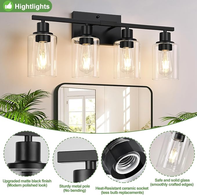 Indoi 4-Light Bathroom Light Fixtures, Matte Black Modern Vanity Lights with Clear Glass Shades, Bathroom Wall Lamp for Mirror Living Room Cabinet Bedroom Porch