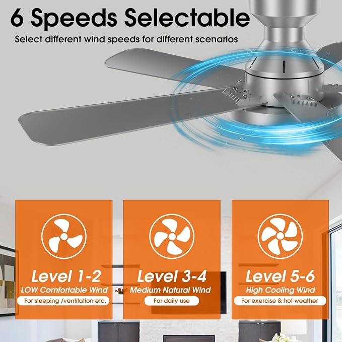 Ceiling Fans with Lights, 46" Low Profile Ceiling Fan with Light, Remote/App Control, Flush Mount Ceiling Fan for Bedroom, Indoor/Outdoor (Silver)