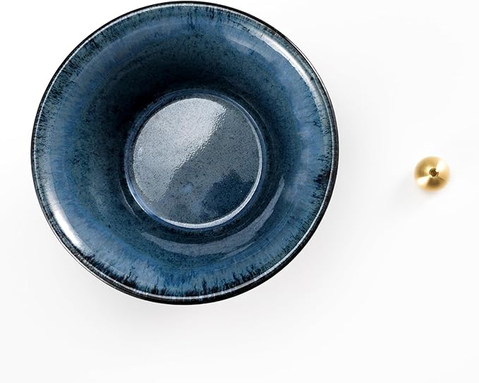 Asayu Japanese Incense Holder for Sticks 4.1 inch (105mm), Traditional Made in Japan Ceramic Ash Catcher and Brass Incense Burner Set - Black and Blue Cone