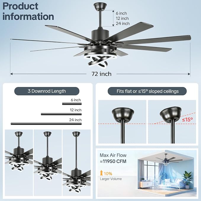 72 Inch Chandelier Ceiling Fans with Lights, Large Modern Ceiling Fan with Remote Control for Living Room Kitchen, Dimmable, 6 Speed Reversible DC Motor, Dual Finish，Black