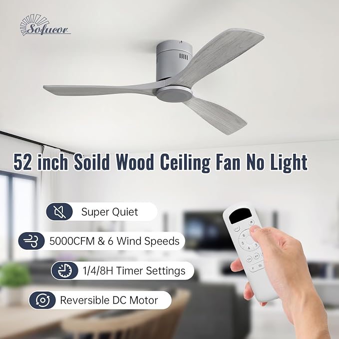 Sofucor 52 Inch Low Profile Ceiling Fans No Light, Modern Flush Mount Solid Wood Ceiling Fan with Airflow 5000CFM, Quiet DC Motor, 6 Speeds, Timer & Reversible for Bedroom Living Room, ETL, Gray