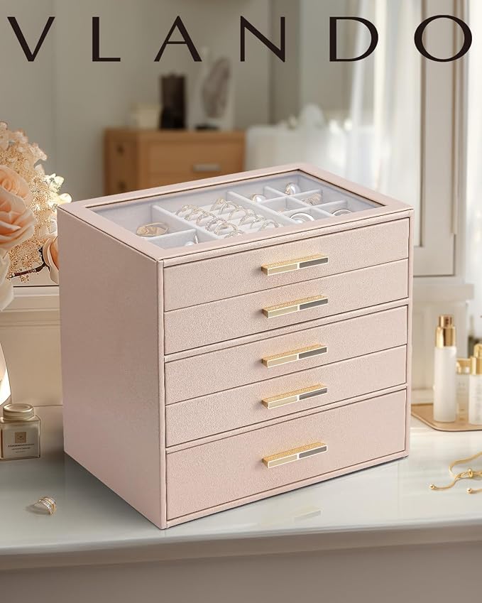 VLANDO 5 Layer Jewelry Box for Women, Glass Lid Jewelry Organizer with 5 Drawers for Necklaces Rings Earrings Bracelets - Toffee