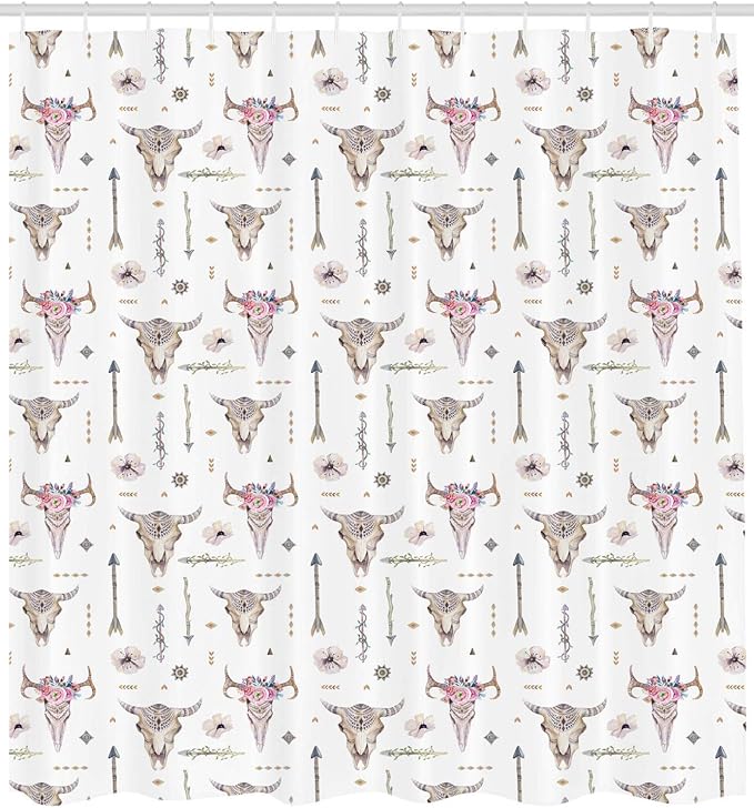 Ambesonne Arrows Shower Curtain, Boho Pattern Artwork with Arrows Feathers Cow Skulls Rustic Theme Artwork, Cloth Fabric Bathroom Decor Set with Hooks, 69" W x 84" L, White Ivory