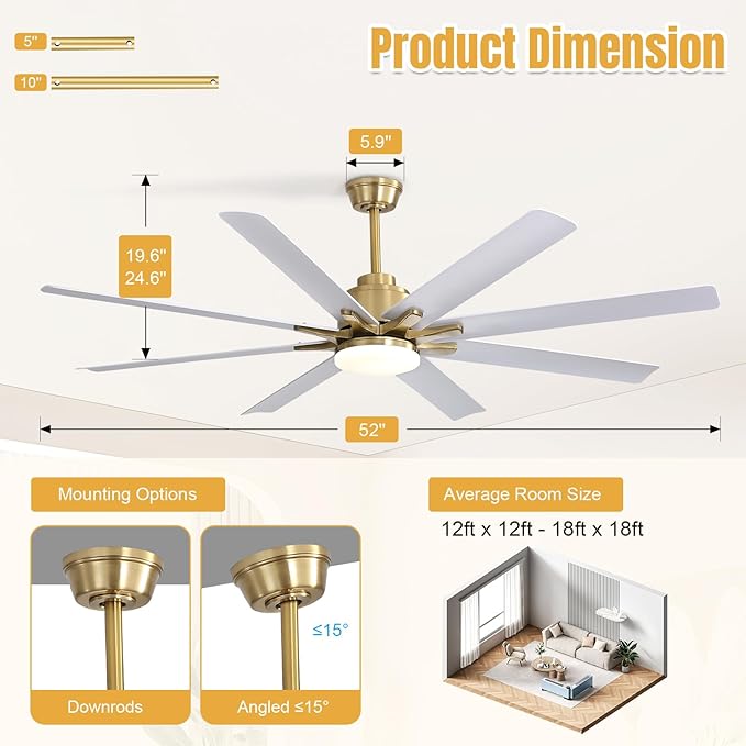Sofucor Ceiling Fans with Lights, 52 Inch Indoor/Outdoor Ceiling Fan with Light Remote Control, Reversible DC Motor, 3CCT, 8 Blade Modern White Ceiling Fans for Bedroom, Living Room, Patio, Farmhouse