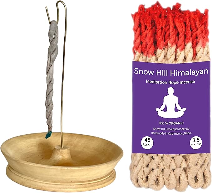 Snow Hill Incense Rope Holder Burner with 1 Bundle 45 Rope Incense, Wooden Incense Ash Catcher for Home Decor Yoga Spa Mediation Wooden Incense Burner Burn - Handmade in Nepal