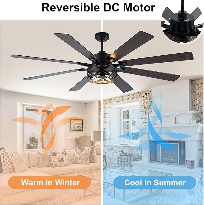72" Farmhouse Ceiling Fan with Lights and Remote Rustic Fandelier | Black Caged Ceiling Fan Industrial Chandelier, for Living Room Garage, 3 E26 Bulbs (Not Included) Reversible DC Motor 6 Speed