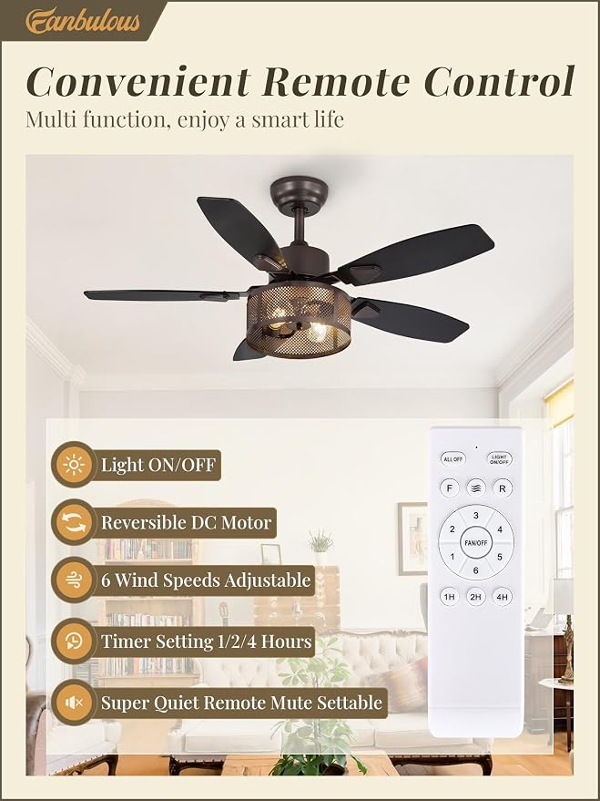 Fanbulous Farmhouse Oil Bronze Ceiling Fans with Lights and Remote, 42 Inch Bedroom Caged Ceiling Fans for Living Room Kitchen，6 Speed Reversible Quiet DC Motor, Dual Finish 5 Blades
