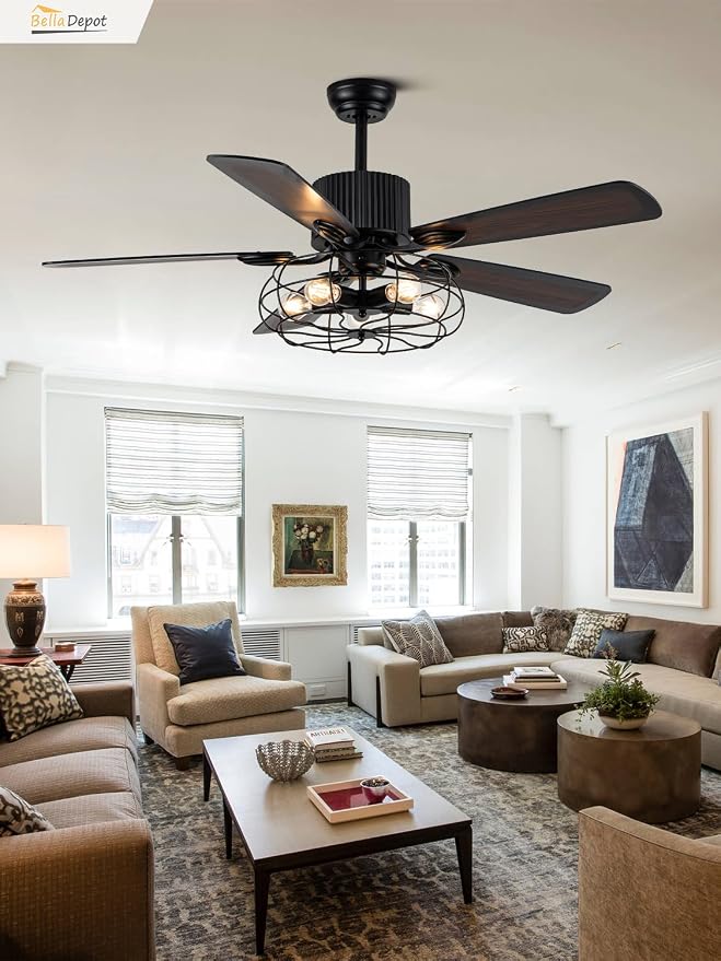 Bella Depot 52" Industrial Ceiling Fan Farmhouse Caged Chandelier Fan with Light Remote Vintage Rustic Indoor Fandelier with Silent Motor for Dining Living Room Bedroom Porch Outdoor (Coffee)