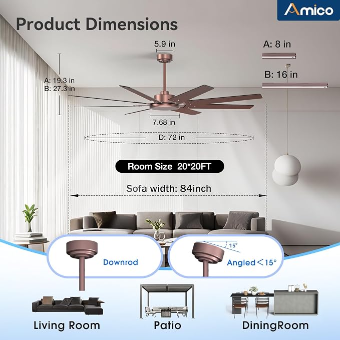 Amico 72 Inch Outdoor Ceiling Fan No Light with Remote, Large Brown Ceiling Fan Without Light, Quiet Reversible DC Motor, 6 Speeds, Timer, 8 Blades for Living Room, Covered Patio, Porch, Garage