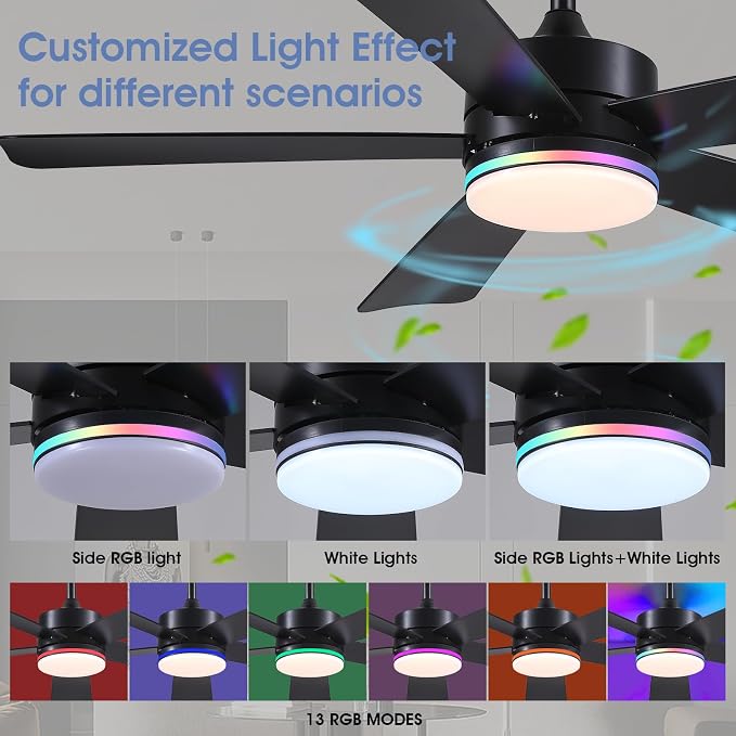 SHIHOT 46" Black Modern RGB Ceiling Fans with Lights for Bedroom Kids room | 14 RGB Modes ,6 Wind Speeds, Reversible, Dimmable 3 CCT LED, 35W Quiet DC Motor,6 Double-Sided Blades,for Bedroom Kidsroom