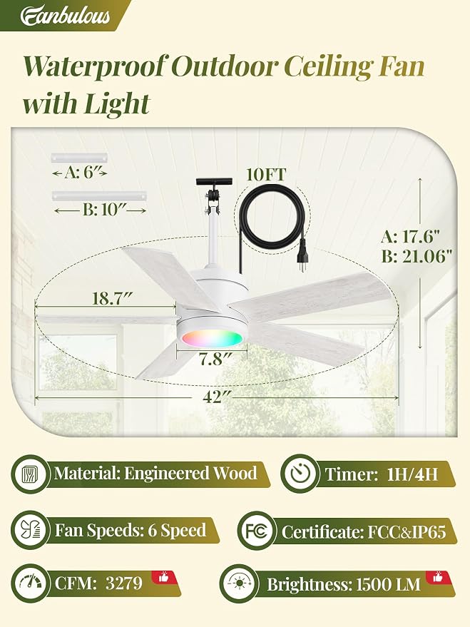 Fanbulous 42" Outdoor Ceiling Fans with Lights, APP Remote Control, IP65 Waterproof, RGB Dimmable Light, Plug in with 10FT Cord, 6-Speeds, 3CCT, Hook Hanging Fan for Gazebo Patio Porch Canopy(White)