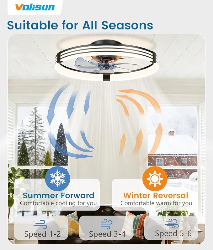 VOLISUN Low Profile Ceiling Fans with Lights and Remote, 20in Flush Mount Ceiling Fan with Light, 3000K-6500K Dimmable Fandelier LED Fan Light, Black Bladeless Ceiling Fans with Lights for Bedroom