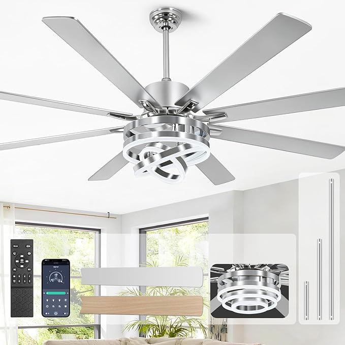 72" Ceilling Fans with Lights, Chandelier Fan Modern DC Motor Dimmable Led Fandelier Ceiling Fan with Light for Bedroom, Living Room, Indoor/Outdoor, Silver