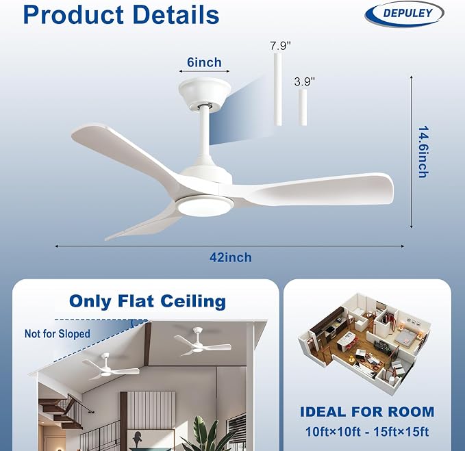Depuley 42-Inch Ceiling Fan with Light: White 3 Blade Outdoor Fans for Patios - Dimmable Indoor Ceiling Fan with Remote Control Fandelier for Bedroom Ultra Quiet DC Motor Reversible 6 Speed