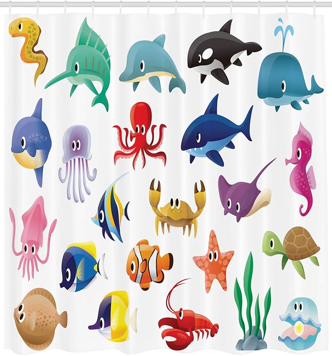 Ambesonne Whale Shower Curtain, Variety of Marine Organisms Stingray Squid Sea Star Seahorse Sailfish Lobster Artwork, Cloth Fabric Bathroom Decor Set with Hooks, 69" W x 75" L, White Multicolor