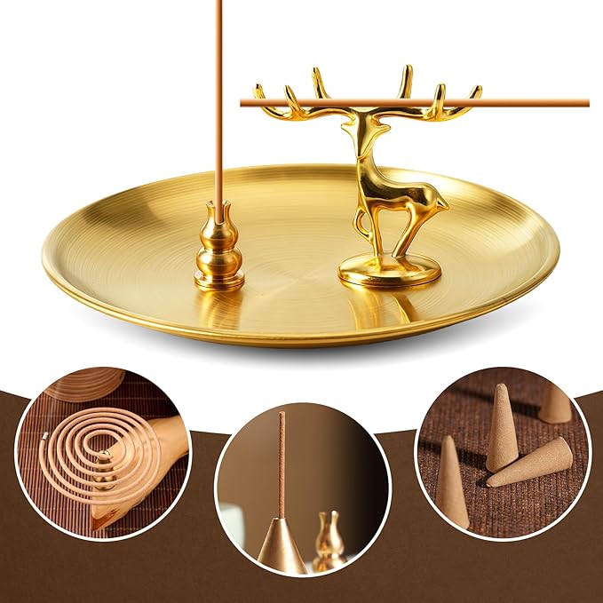 3 in 1 Incense Burner - 5.5 Inch Brass Incense Holder for Sticks, Coils and Cones with Ash Catcher - for Meditation, Yoga, Zen Room, Home Decor (Deer+Gourd+Disc)