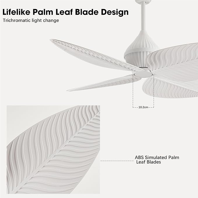 52" White Tropical Ceiling Fans, Flush Mount Palm Leaf Ceiling Fan no Light, Indoor Ceiling Fans Without Light for Living Room Bedroom Kitchen Covered Gazebo, APP and Remote Control